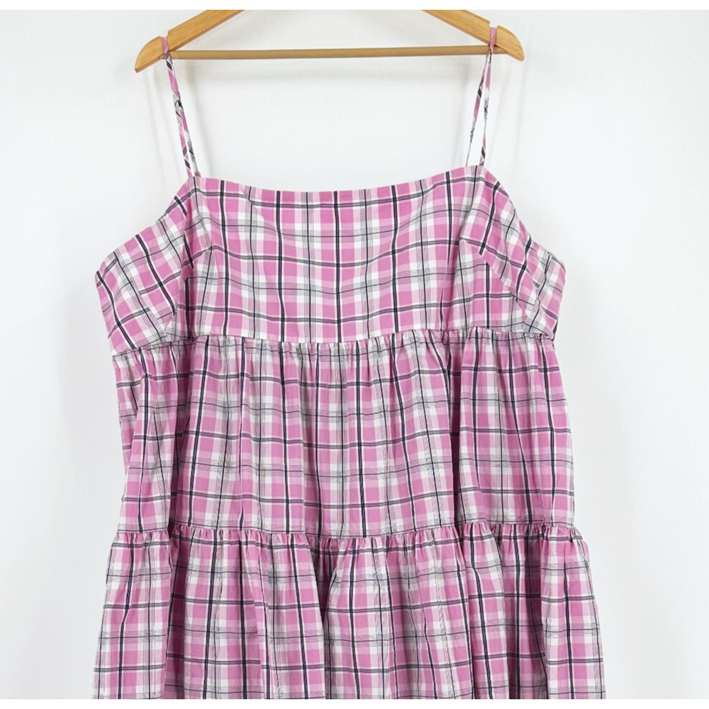 J Crew Women Plaid Midi Dress Size 24 Poplin Tiered Preppy Old Money Resort Pink - Picture 3 of 8